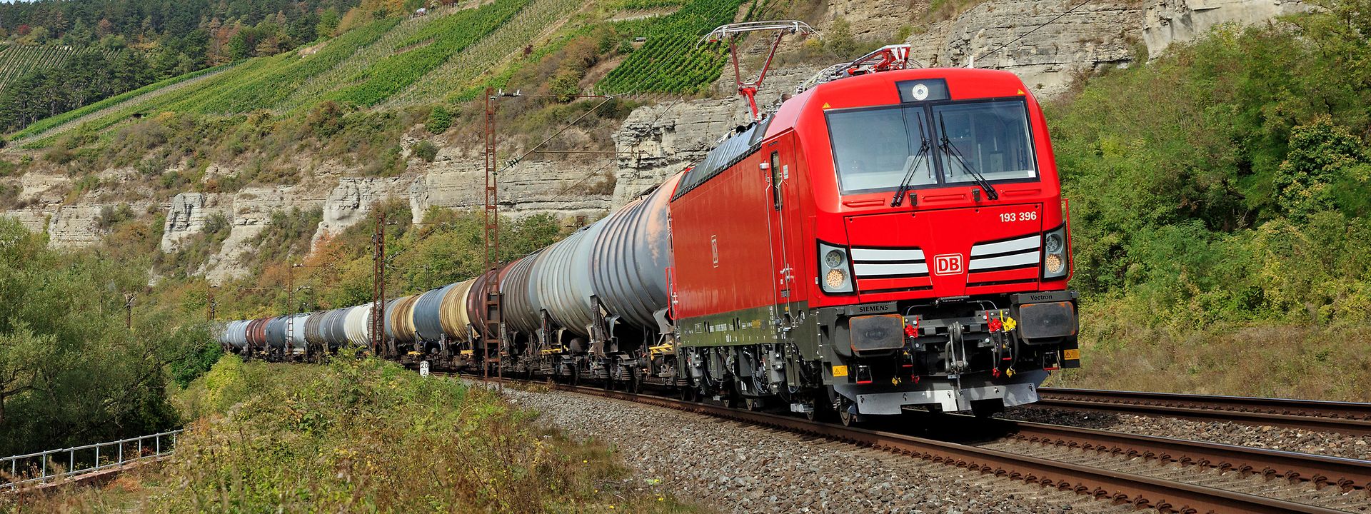 Tren de mercancías con paisaje montañoso 