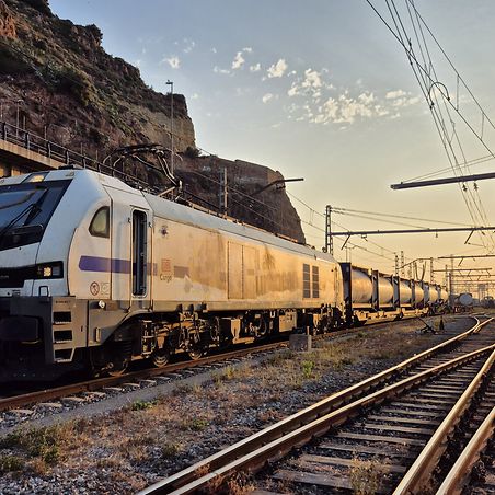 Locomotive 6007 I AM EUROPEAN. Stationary freight train 